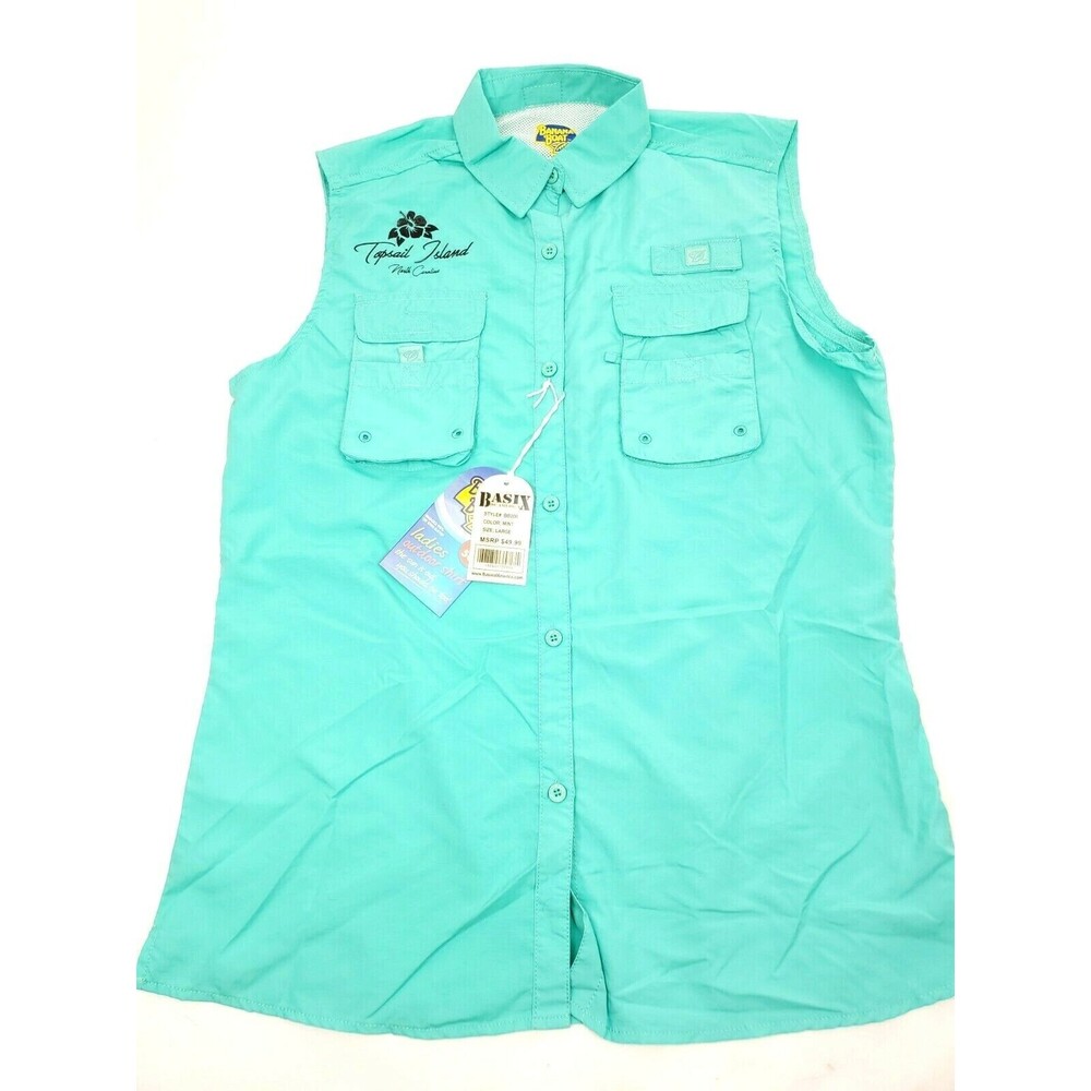 BANANA BOAT Topsail Island NC Sz L Sleeveless UPF 50 Button Up Shirt Mint Green